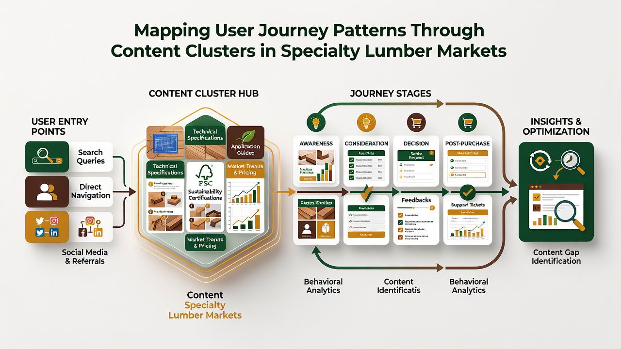 Flowchart illustrating user progression from initial species research through certification review and into supplier outreach within a clustered content framework