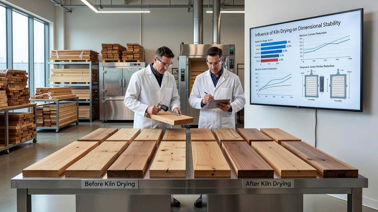 Cross-section comparison of kiln-dried specialty lumber showing moisture gradient uniformity